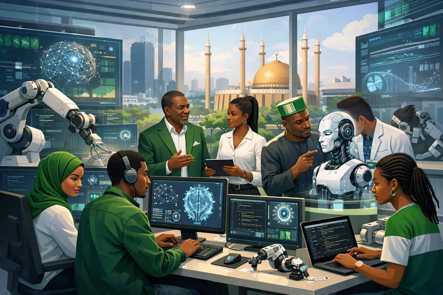 A group of Nigerian professionals and students working together with AI technology in a modern office, surrounded by computer screens, robotic arms, and a cityscape with Nigerian architecture in the background.