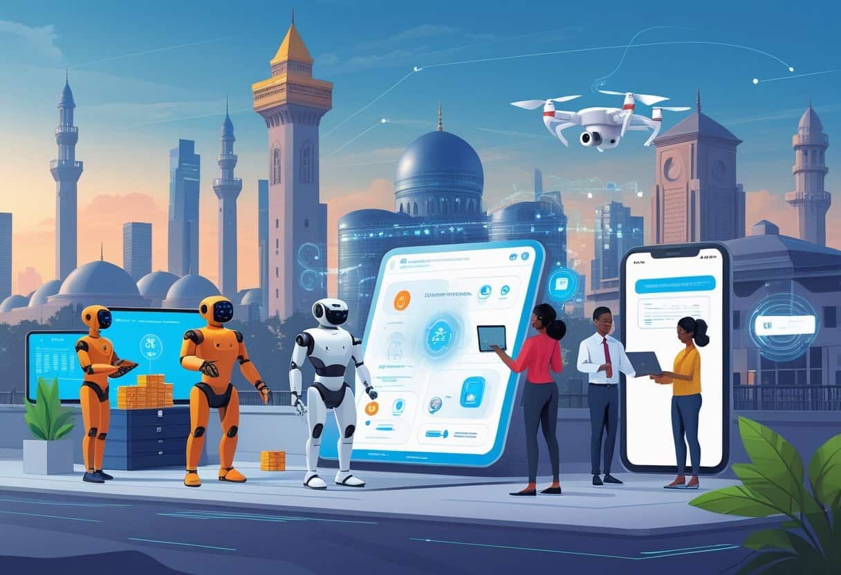 A scene showing AI agents helping people in Nigeria with tasks like market sales, education, healthcare delivery, and logistics, set against a Nigerian city skyline.