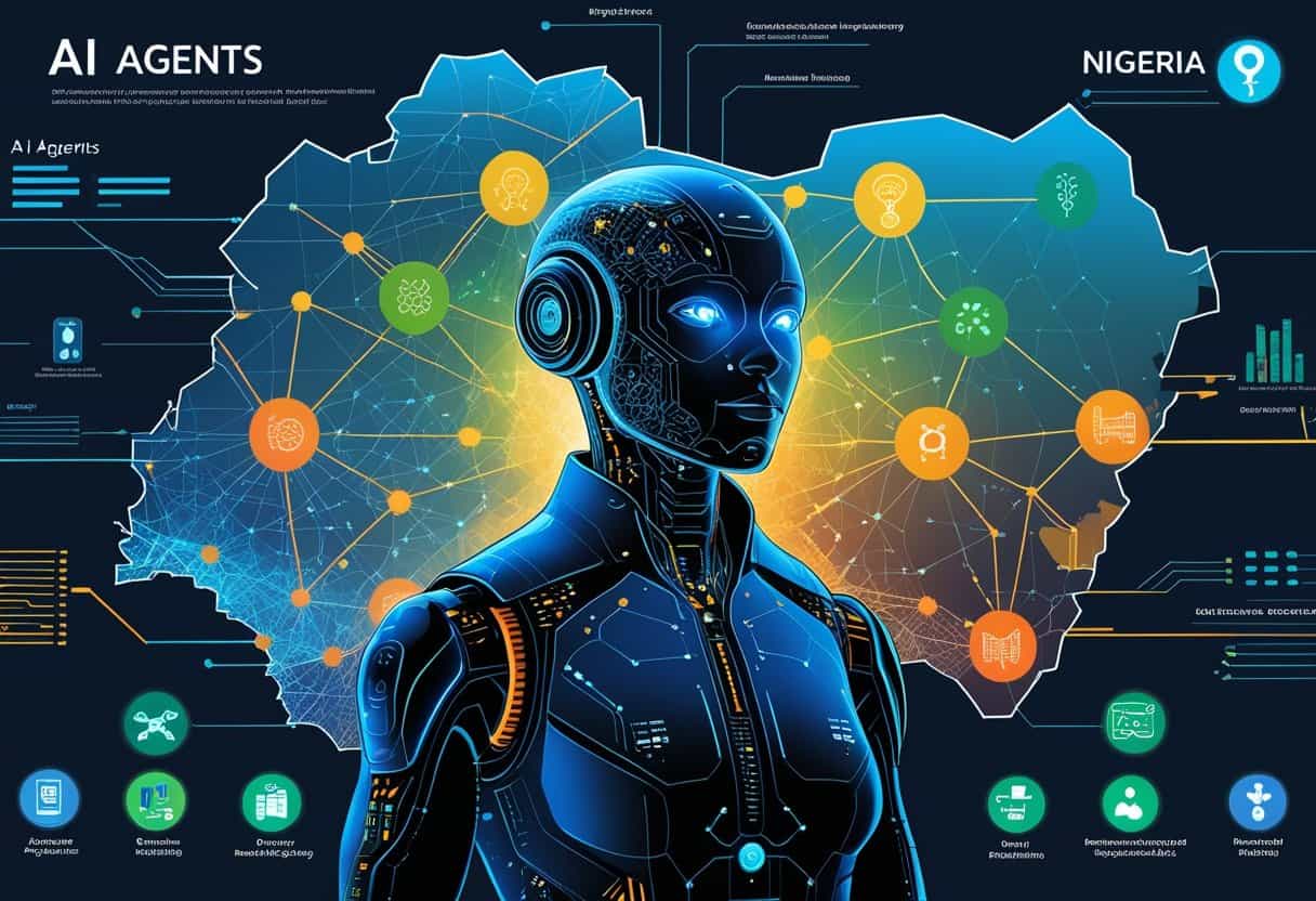An illustration showing a humanoid AI robot surrounded by icons representing different AI architectures, with a map of Nigeria in the background highlighting AI use cases in agriculture, healthcare, smart cities, and fintech.