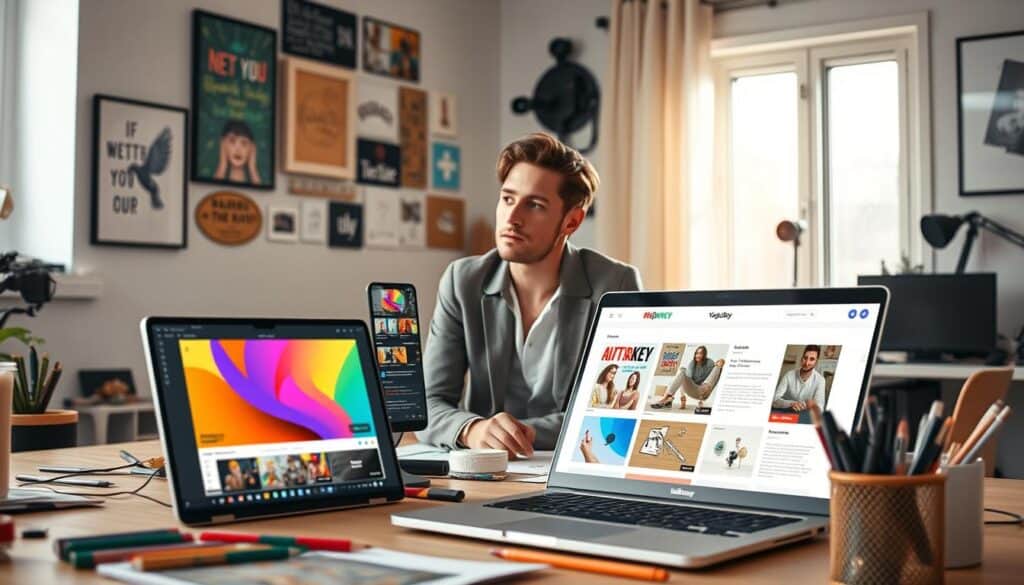 A creative workspace featuring a computer screen displaying the Midjourney AI interface, showcasing vibrant and artistic thumbnail designs tailored for YouTube. In the foreground, a laptop with a colorful design draft on its screen and a selection of art supplies scattered around. The middle ground captures a designer, dressed in stylish but professional attire, focused on crafting thumbnails, with a thoughtful expression. In the background, a wall adorned with inspirational art and an array of technological gadgets that reflect a modern creative environment. Soft, natural light streams in from a nearby window, creating a warm and inviting atmosphere, with a focus on creativity and innovation. The image conveys a sense of artistic collaboration and the excitement of digital design.