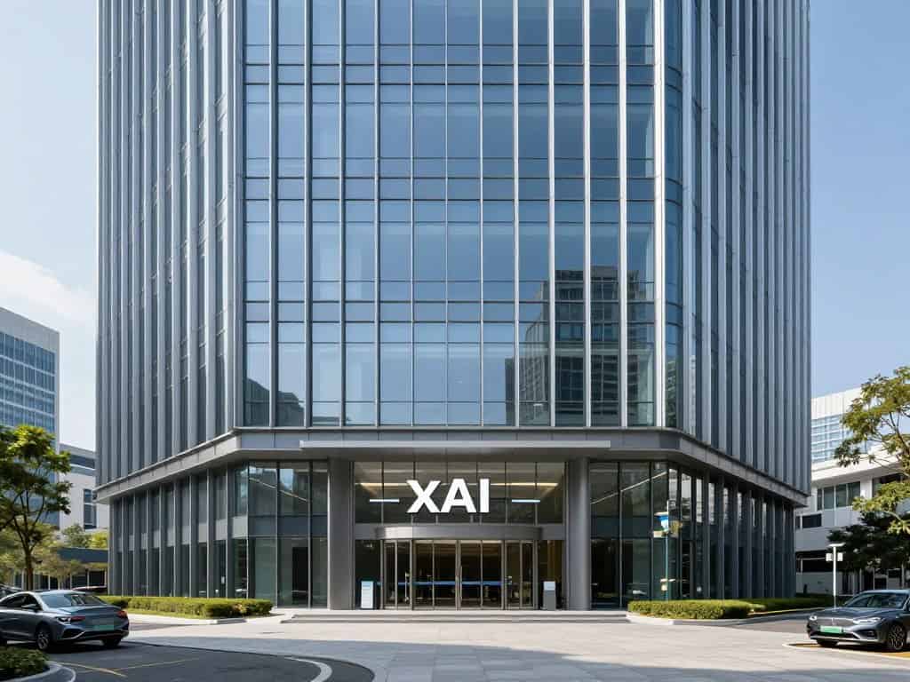xAI headquarters with modern architecture and the xAI logo prominently displayed