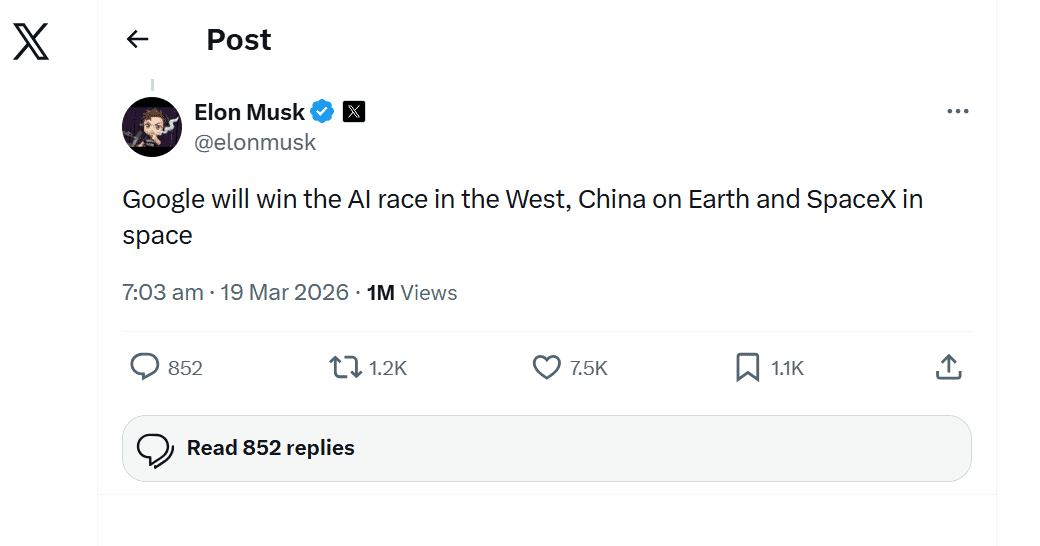 Musk Names Google, China, SpaceX as Likely Winners in Global AI Race