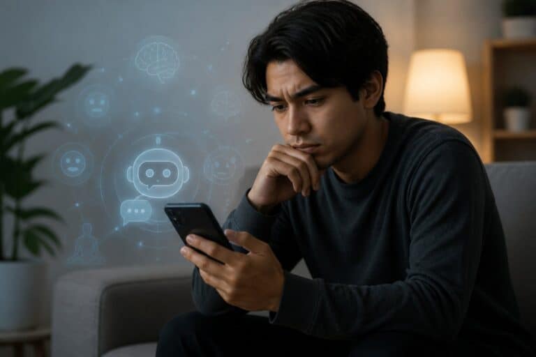 AI Addiction and Mental Health: Daily Chatbot Use Explained A young adult sitting alone in a room, looking thoughtfully at a smartphone or laptop screen showing an AI chatbot.