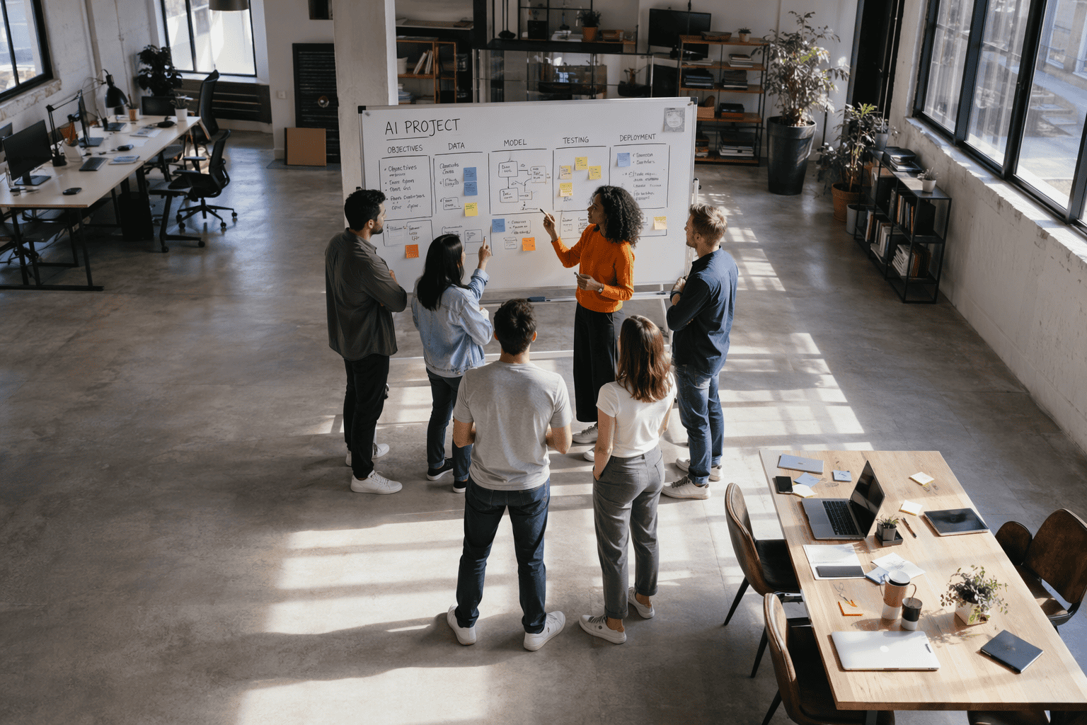 Team collaborating on AI project board