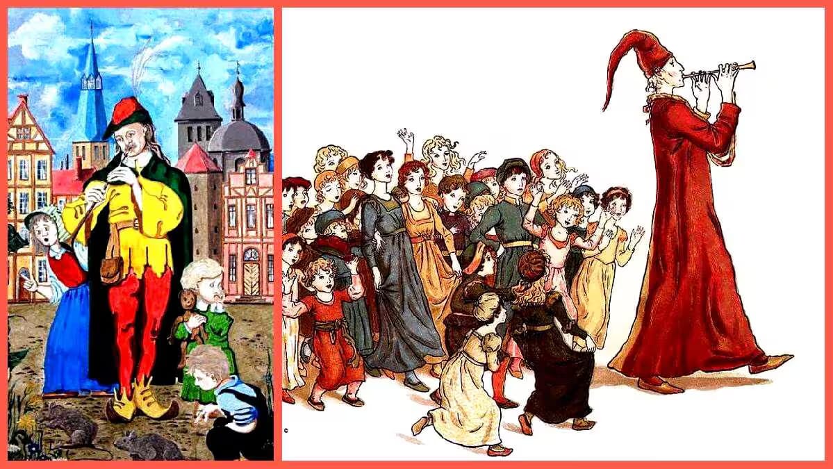 Illustration des Rattenfängers von Hameln, der auf einer Flöte spielt, um die Kinder zu führen.