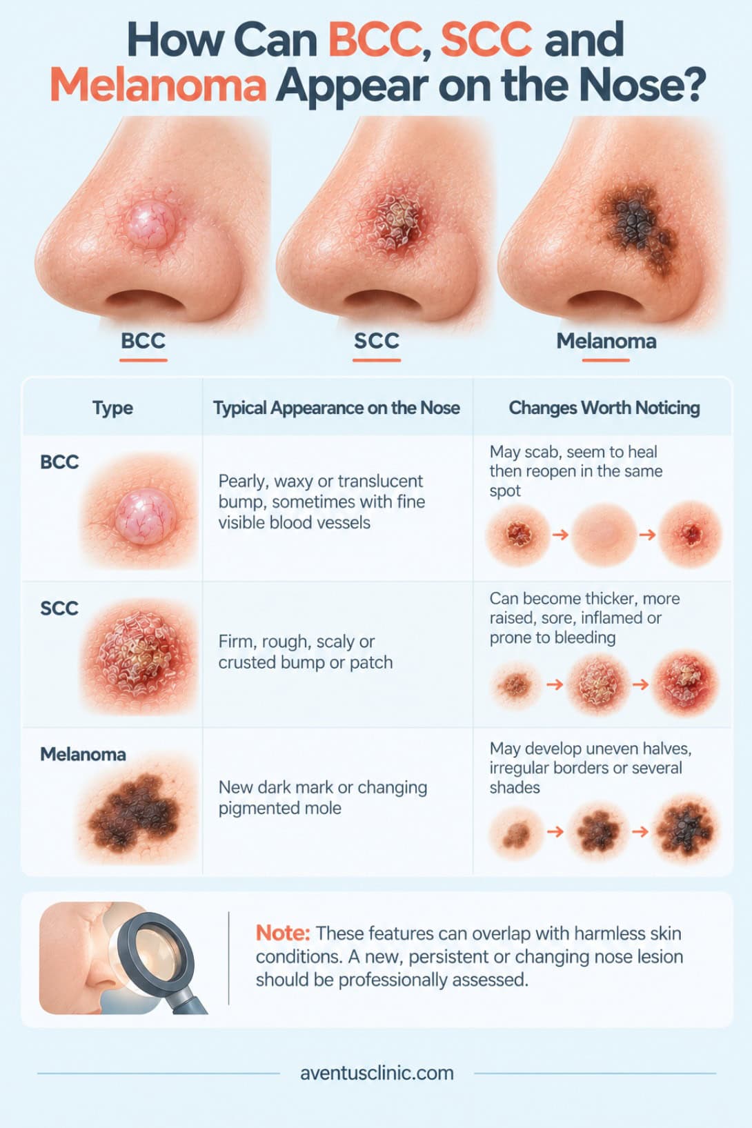 How can BCC, SCC and melanoma appear on the nose