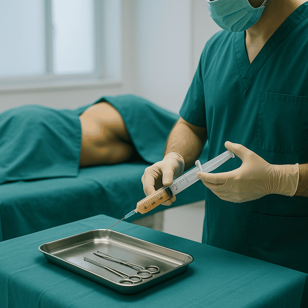 Réinjection de graisse après liposuccion pour remodeler le corps Chirurgien préparant une injection de graisse purifiée dans une clinique esthétique en Turquie