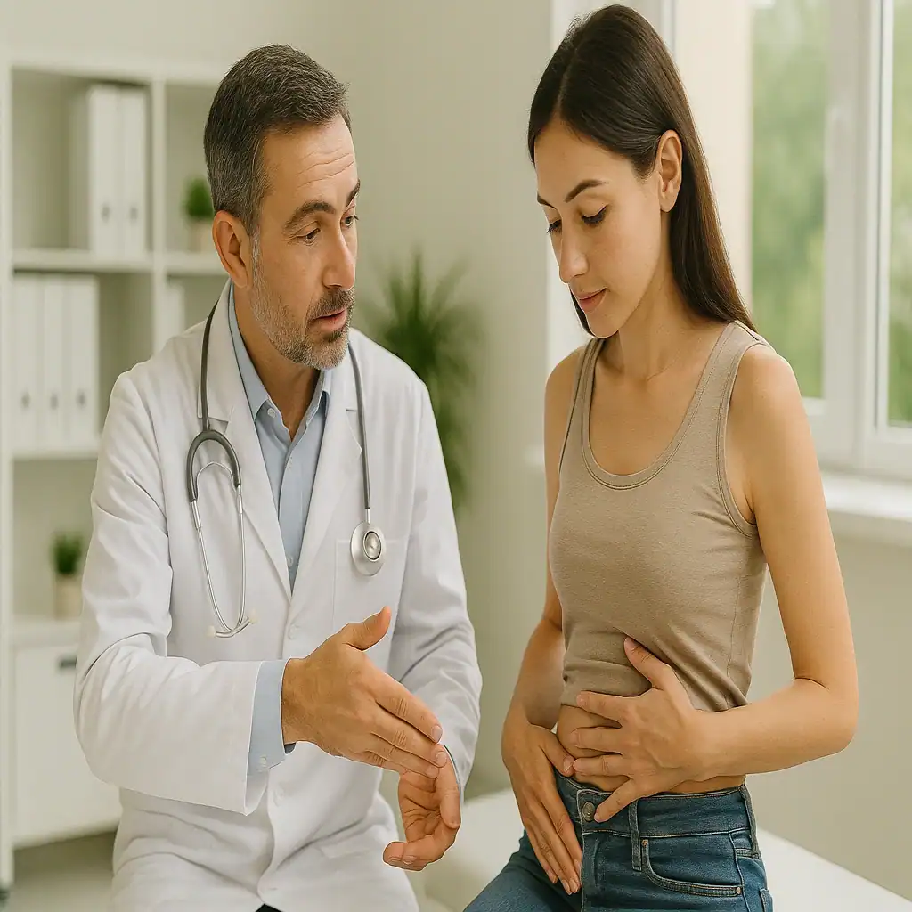 consulto iniziale per addominoplastica in Turchia con valutazione di pelle e grasso addominale presso chirurgo specializzato in chirurgia estetica