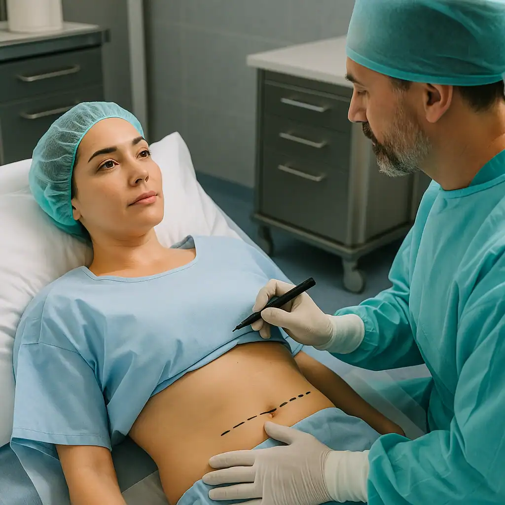 preparazione all’addominoplastica in Turchia con marcature preoperatorie sull’addome eseguite da chirurgo in clinica di chirurgia estetica specializzata