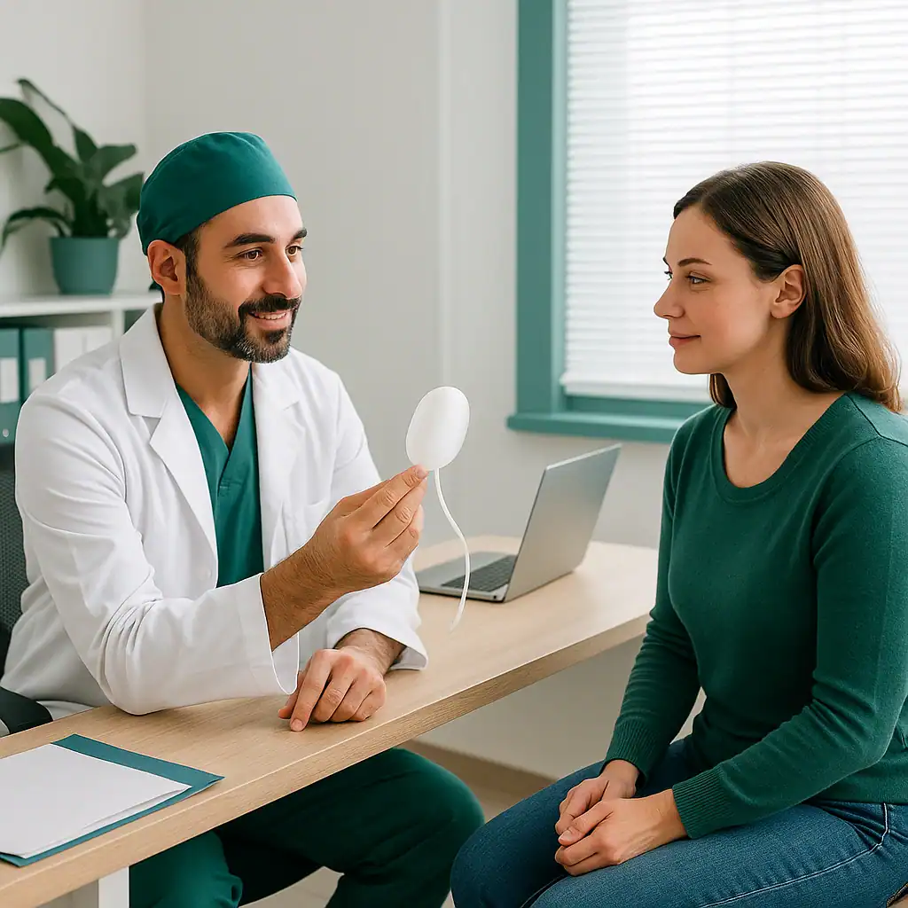 Consultation médicale montrant un ballon gastrique Elipse à avaler, présenté par un médecin turc à une patiente