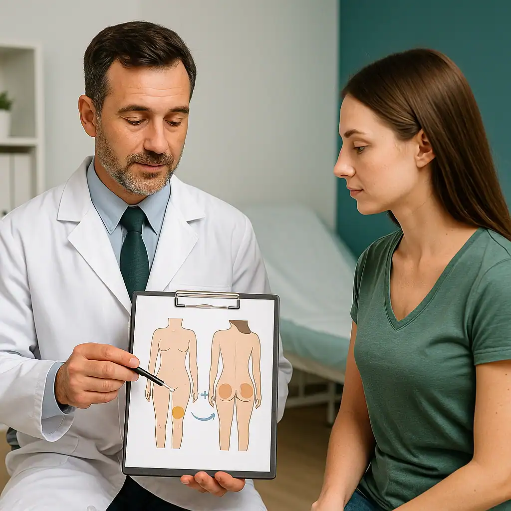 Consultation entre médecin et patiente expliquant le BBL classique avec transfert de graisse