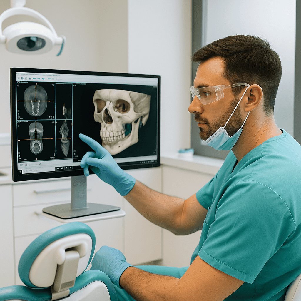 analyse 3D d’une mâchoire sur écran par un chirurgien dentaire en Turquie
