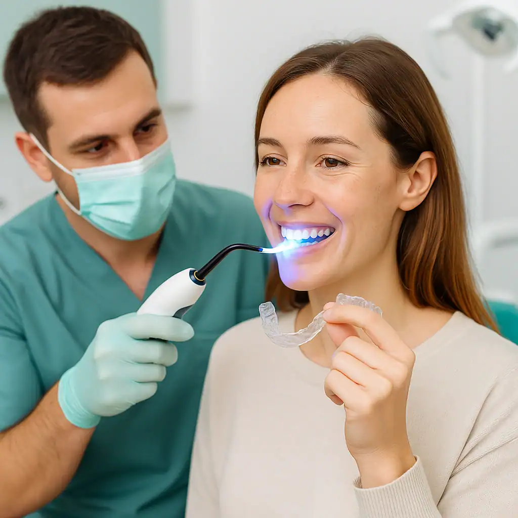 Dentista esegue sbiancamento interno su dente devitalizzato per ripristinare l'estetica del sorriso