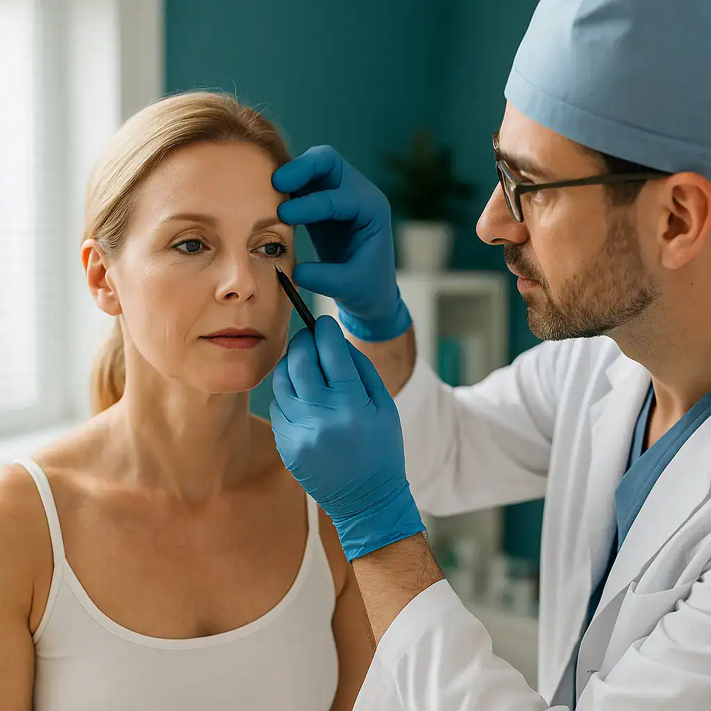Consultation pour une blépharoplastie en Turquie, avec un chirurgien marquant la paupière supérieure d’une patiente avant l'intervention.