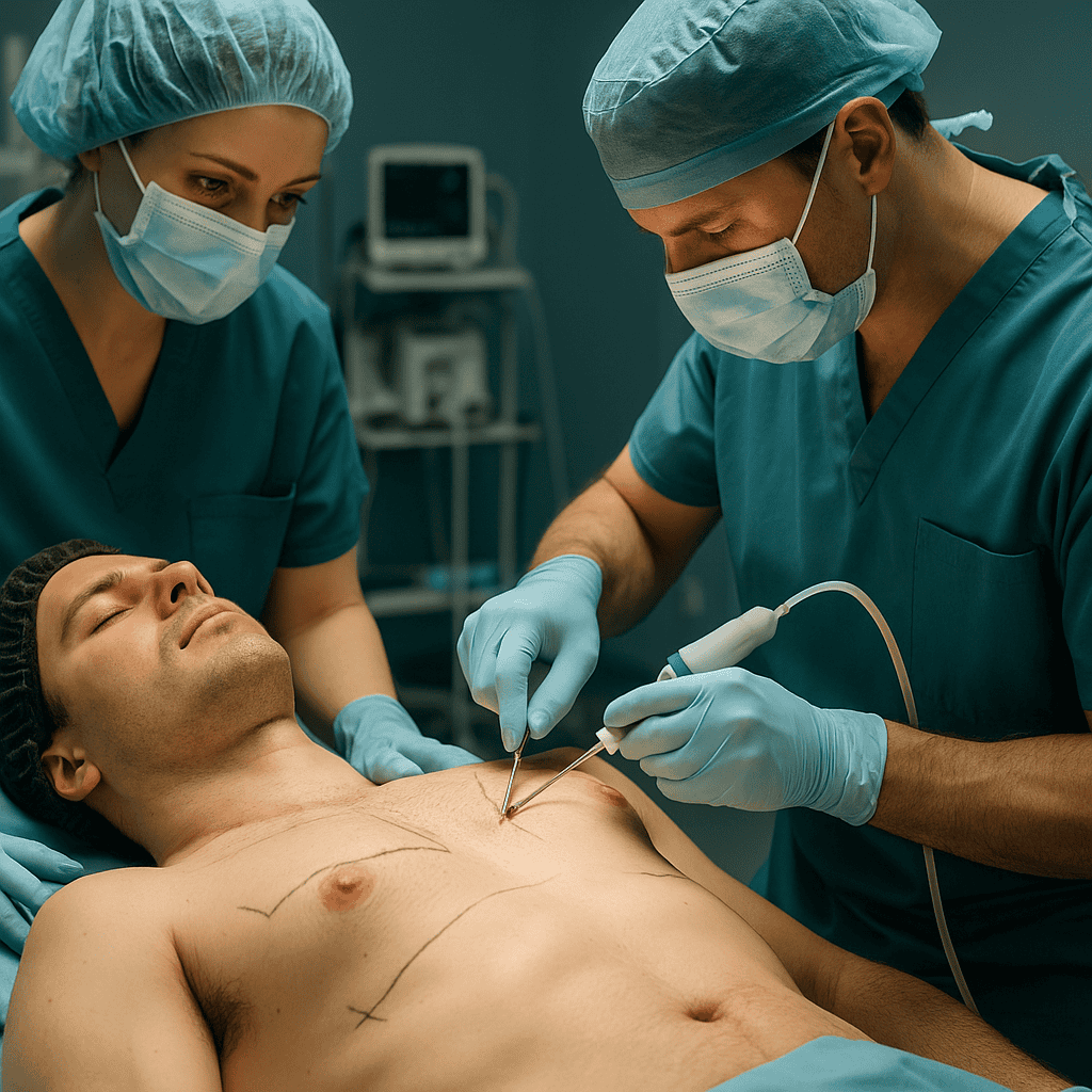 chirurgie de la gynécomastie en cours dans un bloc opératoire stérile