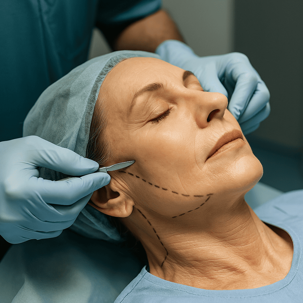 chirurgie esthétique du visage en cours avec incisions devant l’oreille