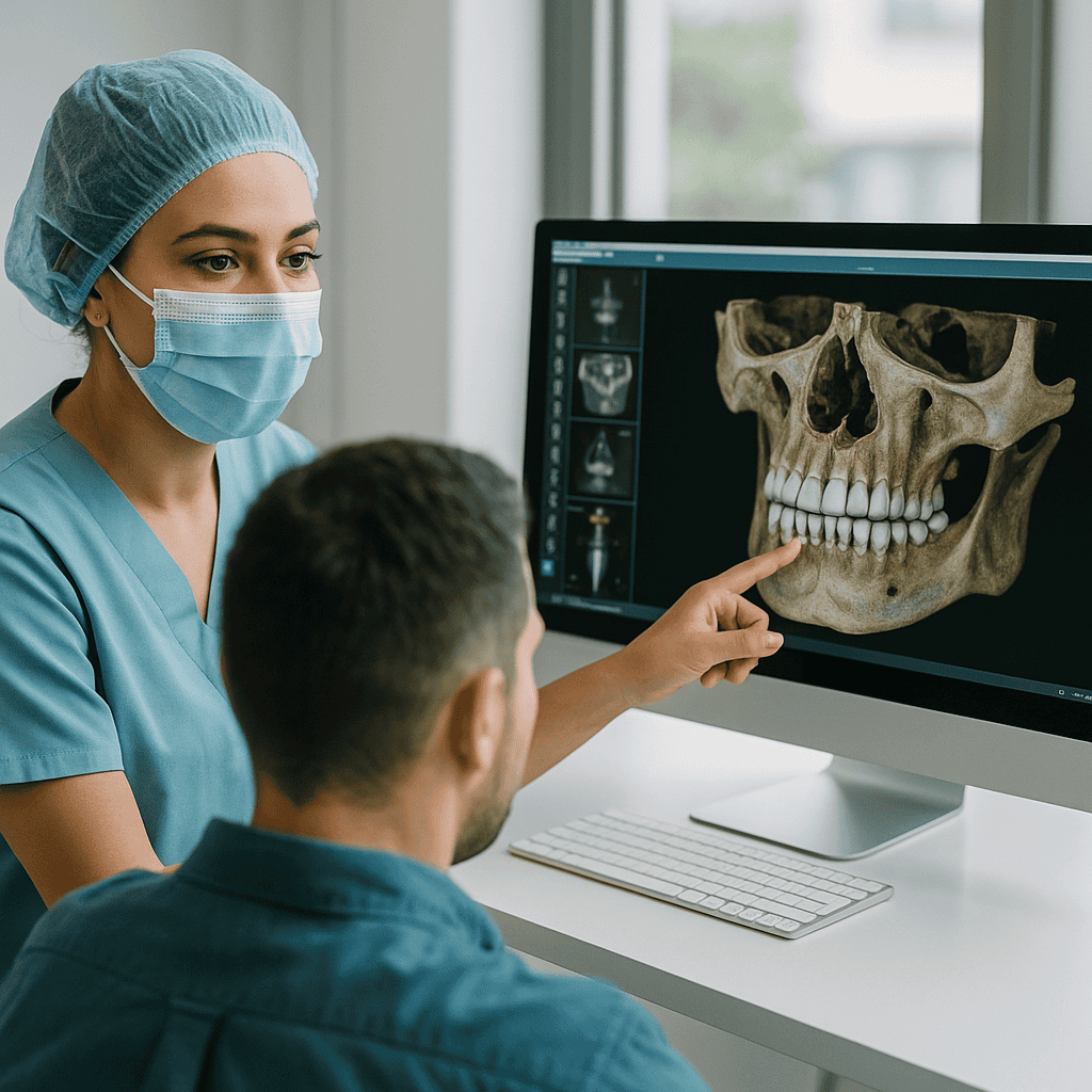 chirurgien expliquant les options de greffe osseuse à un patient à l’aide d’une image 3D