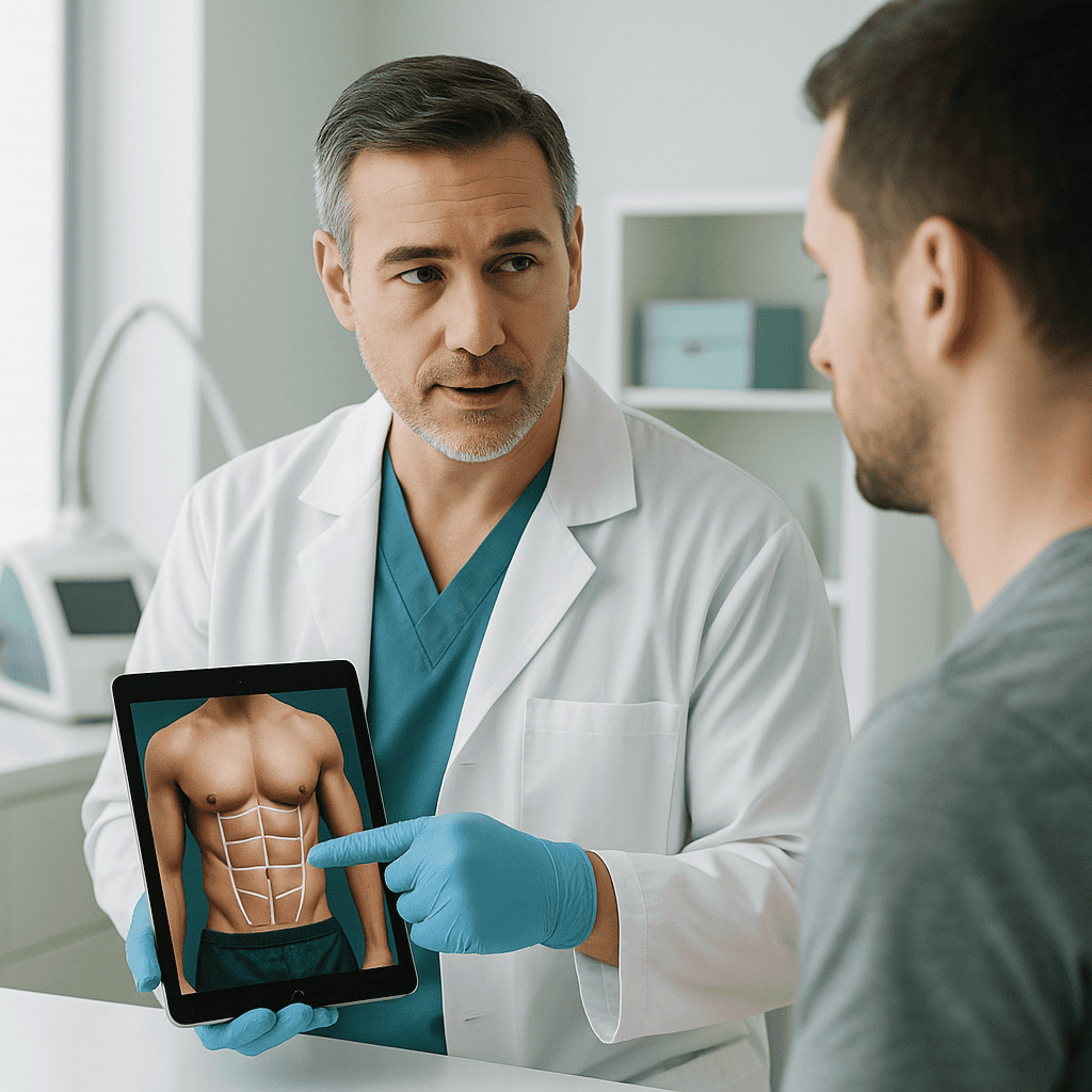Chirurgo plastico mostra risultati di definizione addominale su tablet a un paziente