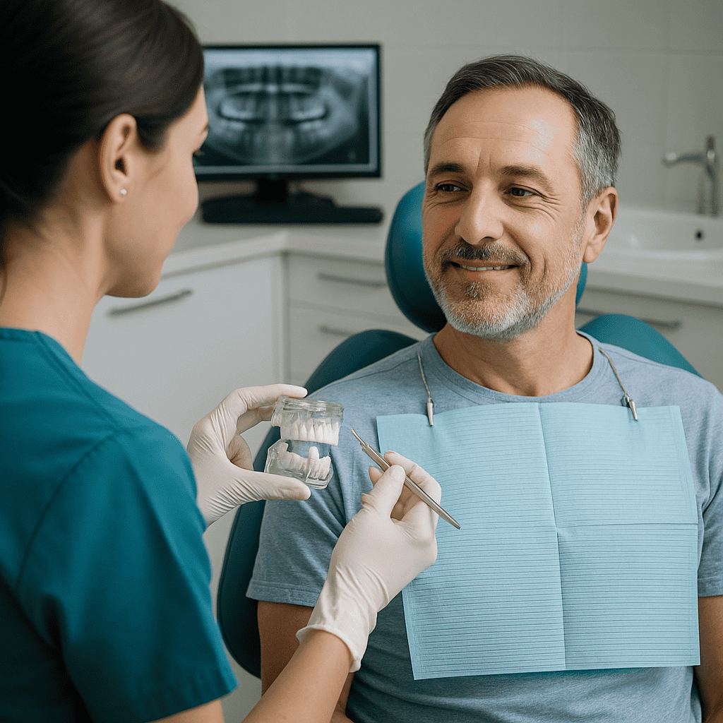 Fase di osteointegrazione: dentista mostra protesi dentale provvisoria a paziente durante il periodo di guarigione.