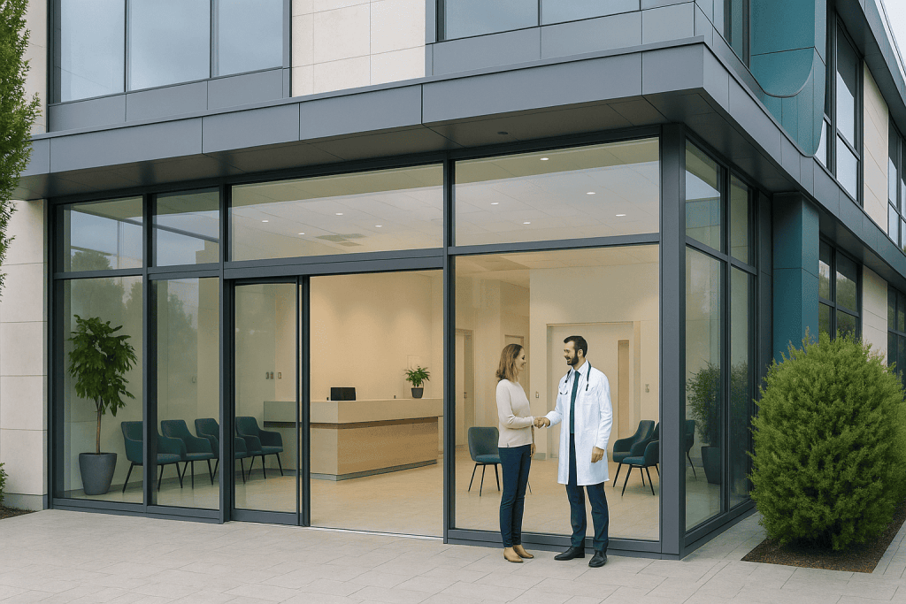 Bâtiment moderne d’une clinique esthétique en Turquie avec accès médicalisé