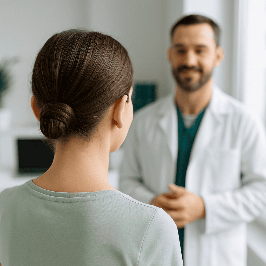 Consulenza medica per otoplastica: paziente di spalle che parla con un chirurgo esperto dei benefici della chirurgia auricolare