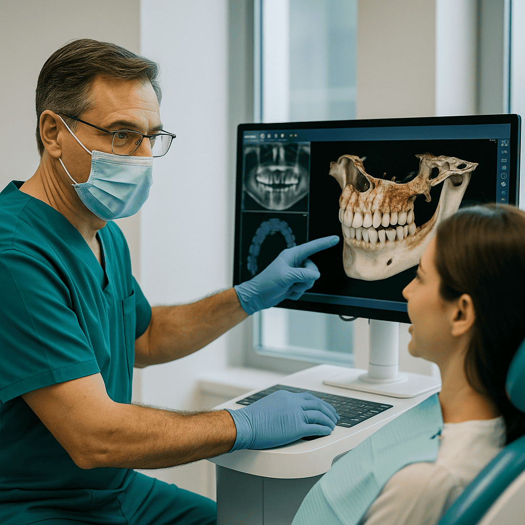 Pianificazione digitale 3D: dentista analizza radiografia panoramica e scanner dentale per posizionamento impianti.