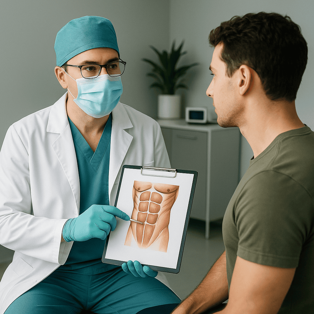 Consultazione medica: chirurgo illustra tecnica VASER per liposuzione addominale