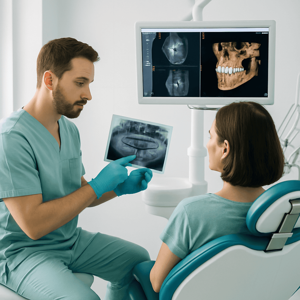 Dentista analizza radiografia panoramica e scanner 3D per diagnosi dentale