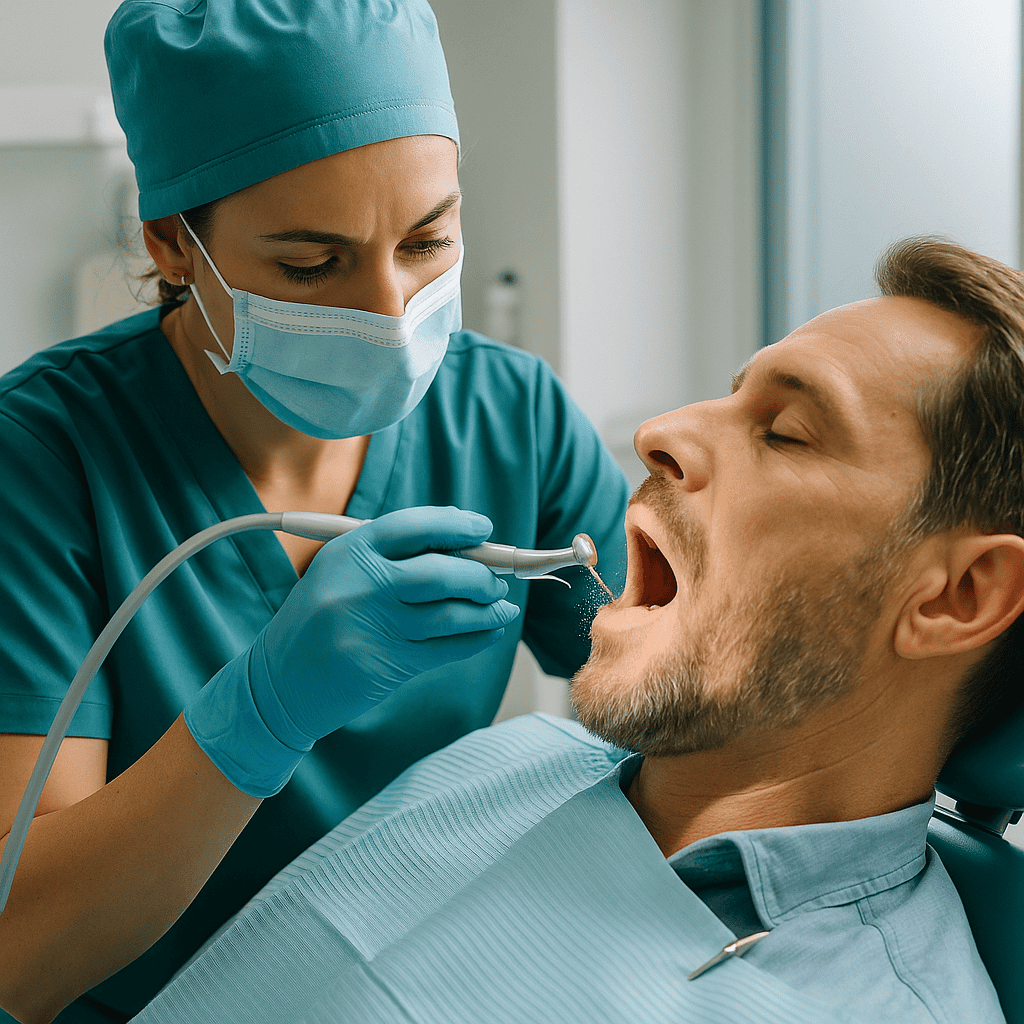 Dentista prepara il dente naturale per l'inserimento di una corona dentale