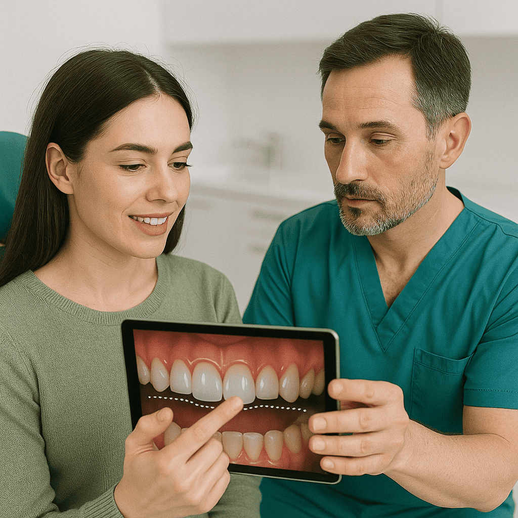 Consultazione iniziale per gengivectomia: dentista mostra il piano di trattamento digitale su tablet alla paziente