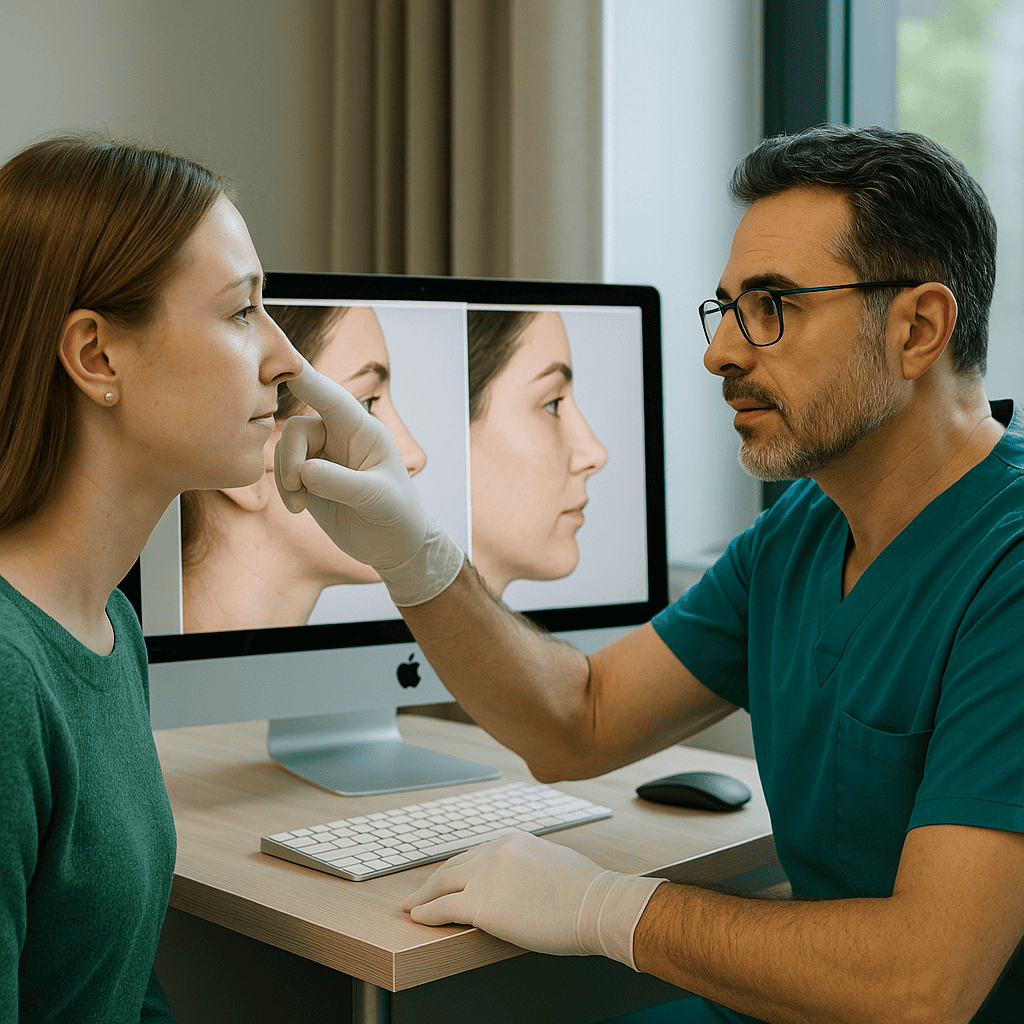 Consultazione pre-operatoria rinoplastica: chirurgo mostra simulazione 3D del risultato del naso su monitor
