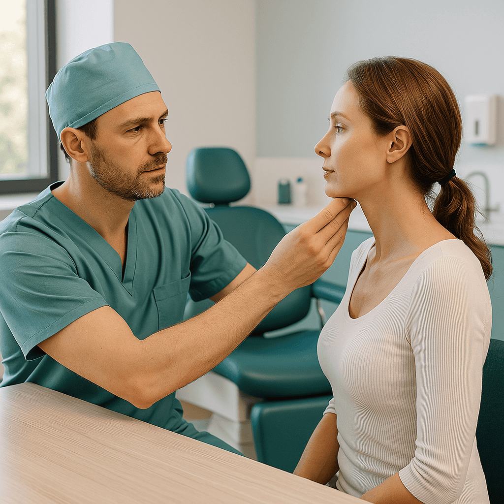 Consulenza pre-operatoria in Turchia: chirurgo analizza il rilassamento cutaneo del collo di una paziente.