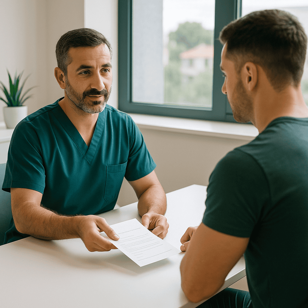 Consulto medico tra chirurgo e paziente per pianificare un intervento di chirurgia estetica addominale.