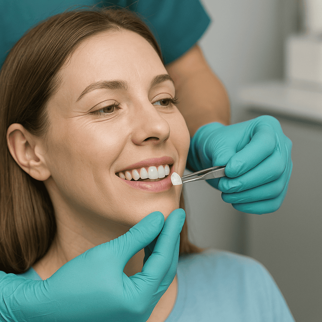 Dentista che applica una faccetta in porcellana feldspatica personalizzata per la forma e il colore del dente