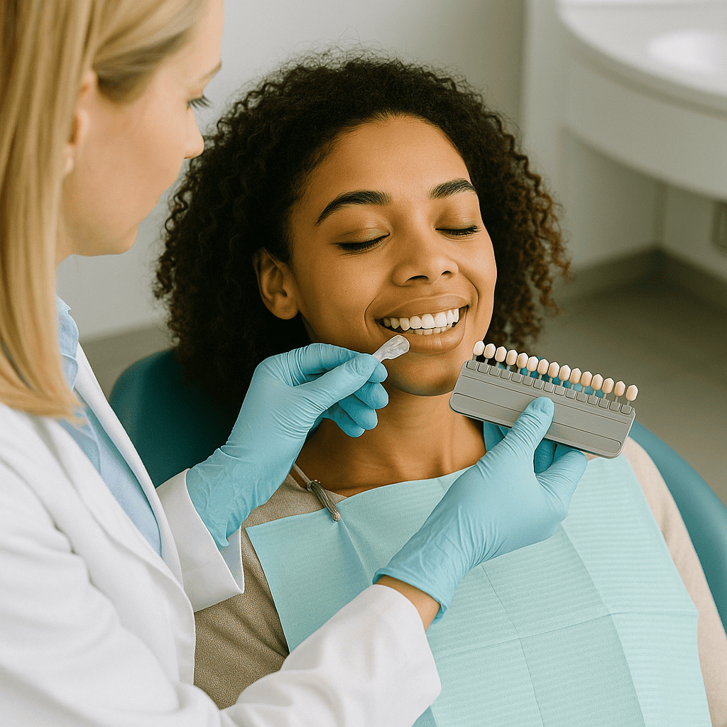 Rifinitura estetica del sorriso: dentista verifica la tonalità dei denti dopo intervento alle gengive