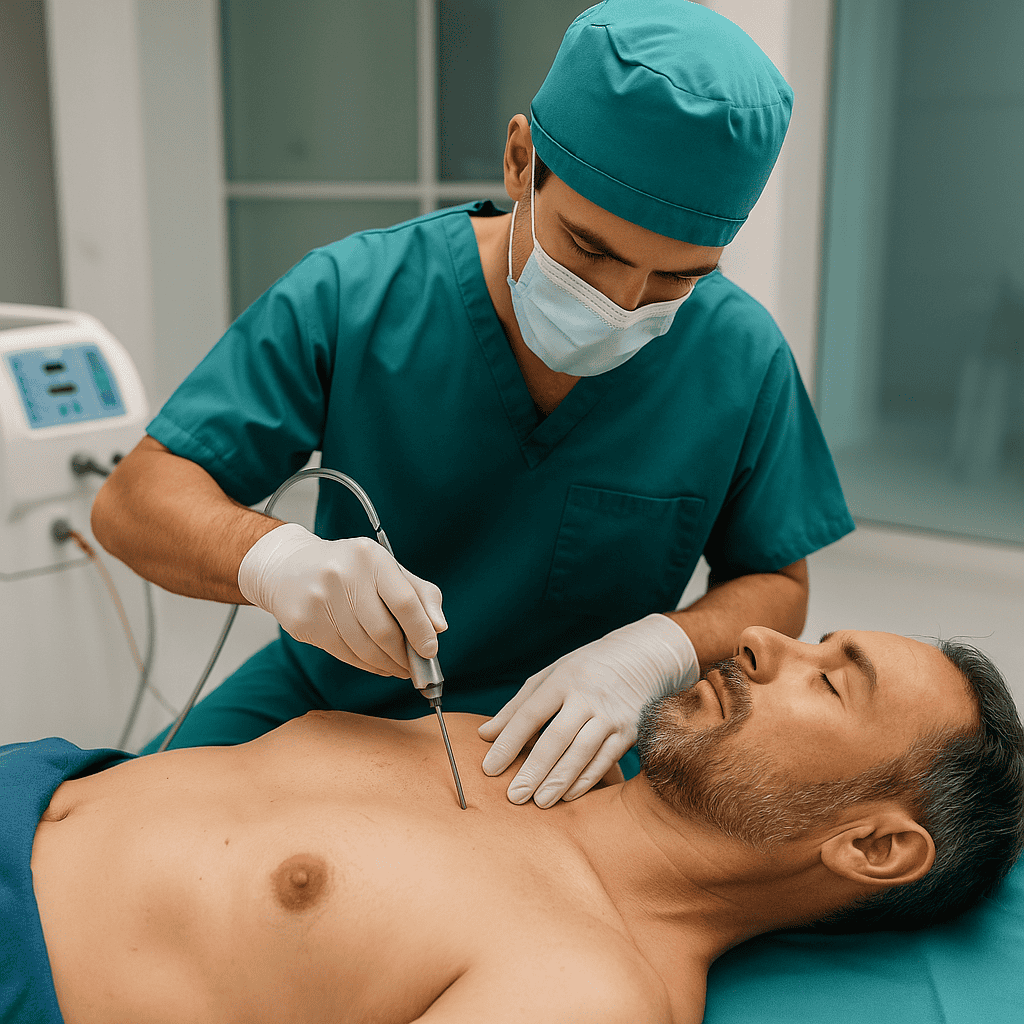 Liposuccion de la poitrine chez un patient atteint de gynécomastie dans une clinique turque