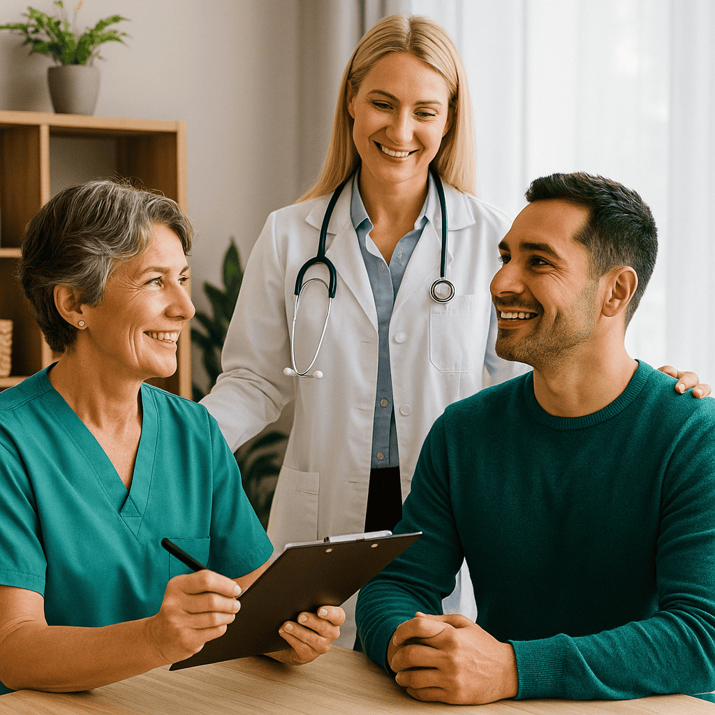 Consultation entre un patient et une équipe médicale souriante dans un cabinet lumineux
