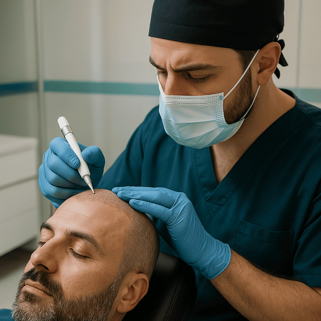 implantation de follicules sur le cuir chevelu d’un patient lors d’une greffe de cheveux