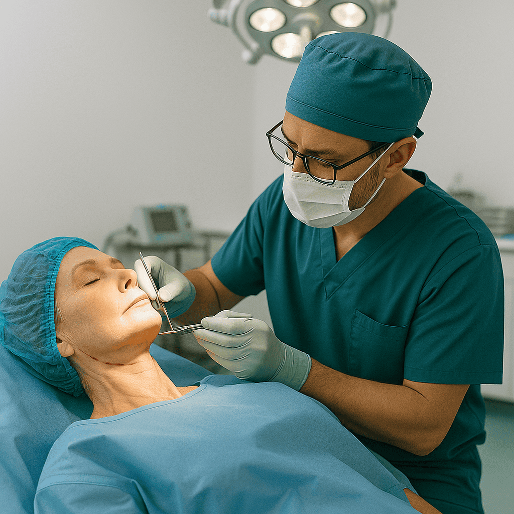 Fase dell'intervento chirurgico di lifting del collo per il riposizionamento dei muscoli e dei tessuti.