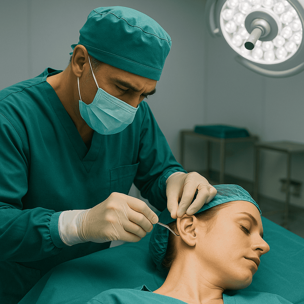Fase chirurgica di rimodellamento della cartilagine auricolare durante un intervento di otoplastica