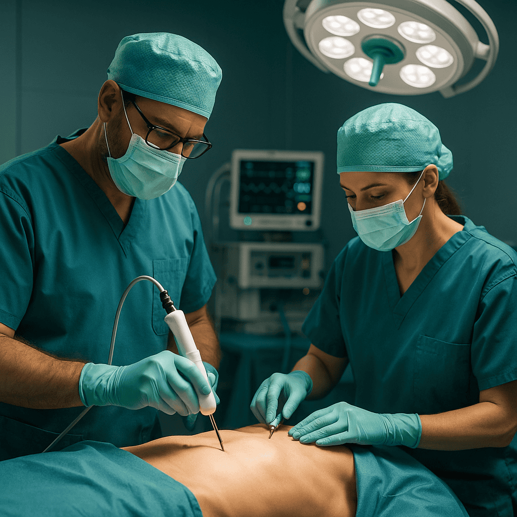 Chirurghi che eseguono un intervento di liposuzione VASER HD per la definizione addominale in una clinica in Turchia.