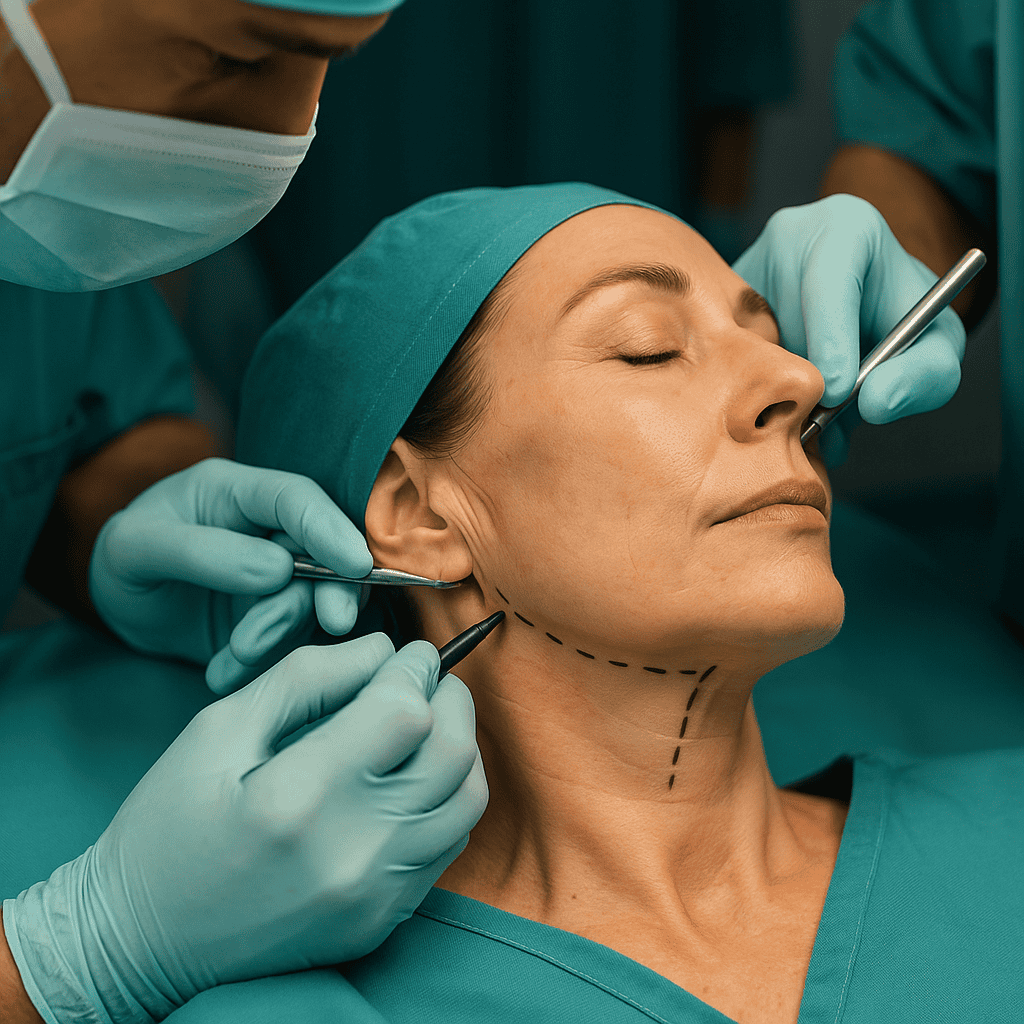 Chirurgiens réalisant un lifting cervico-facial sur une patiente détendue en salle opératoire