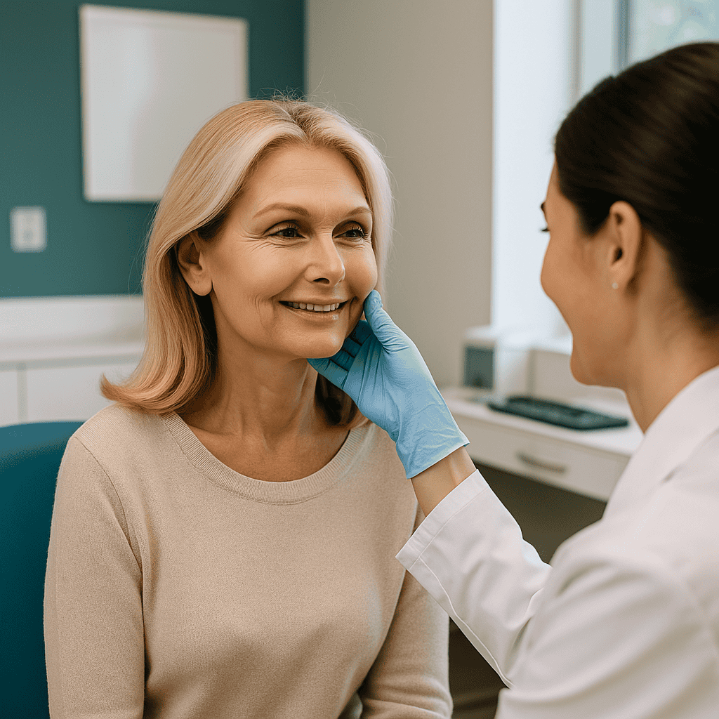 Femme souriante d'âge mûr dans une clinique esthétique, après un lifting cervico-facial en Turquie