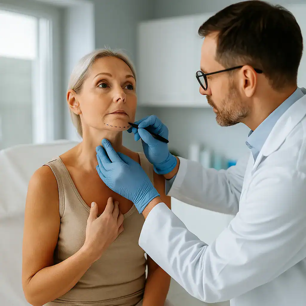 Consultation en Turquie pour un lifting cervico-facial, avec un chirurgien marquant la ligne de la mâchoire d’une patiente dans un cadre moderne