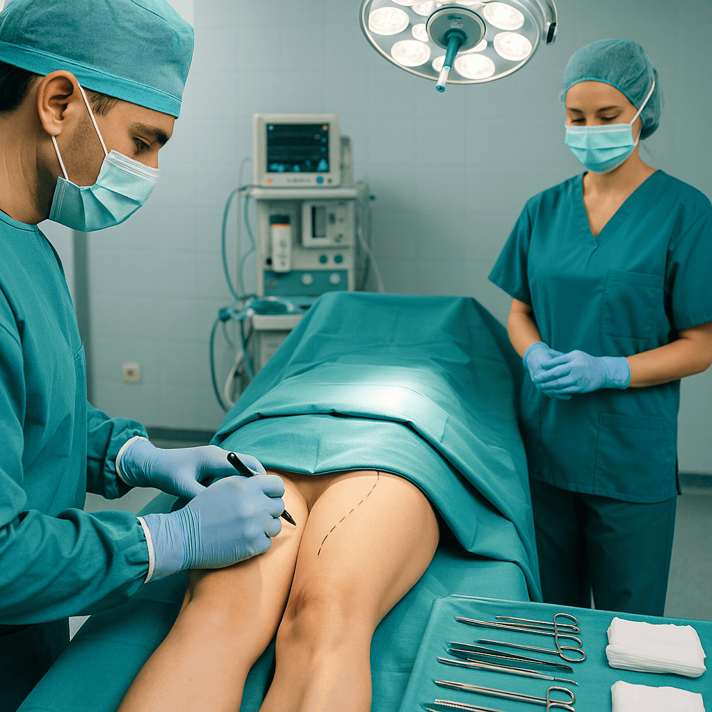 Étape chirurgicale d’un lifting des cuisses en Turquie : excision et redrapage Chirurgien esthétique réalisant un lifting des cuisses dans un bloc opératoire en Turquie