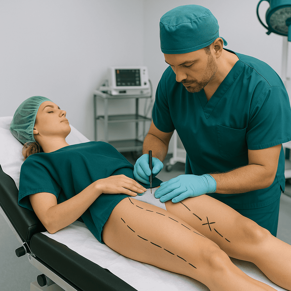 Lifting des cuisses en Turquie : intervention assistée par liposuccion pour des jambes redessinées Patiente allongée en position préopératoire pour un lifting des cuisses en Turquie, dans un cadre clinique moderne.