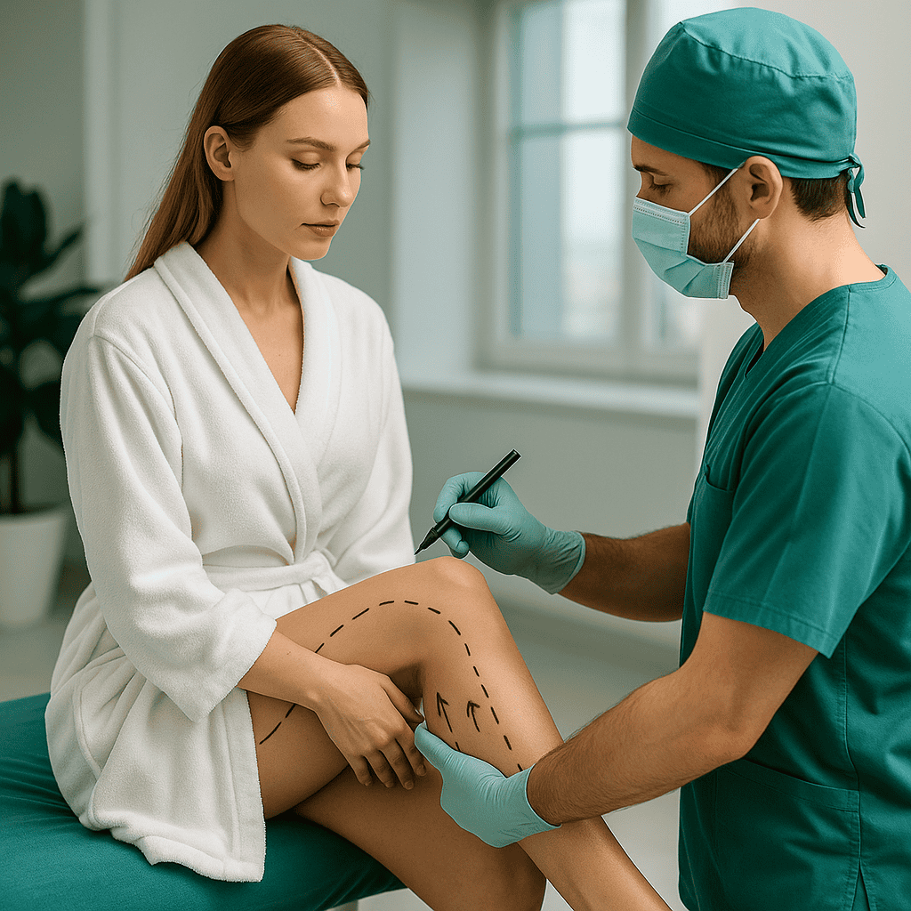 Consultation médicale avant lifting des cuisses en Turquie – simulation et dessin Marquage préopératoire pour un lifting des cuisses dans une clinique en Turquie
