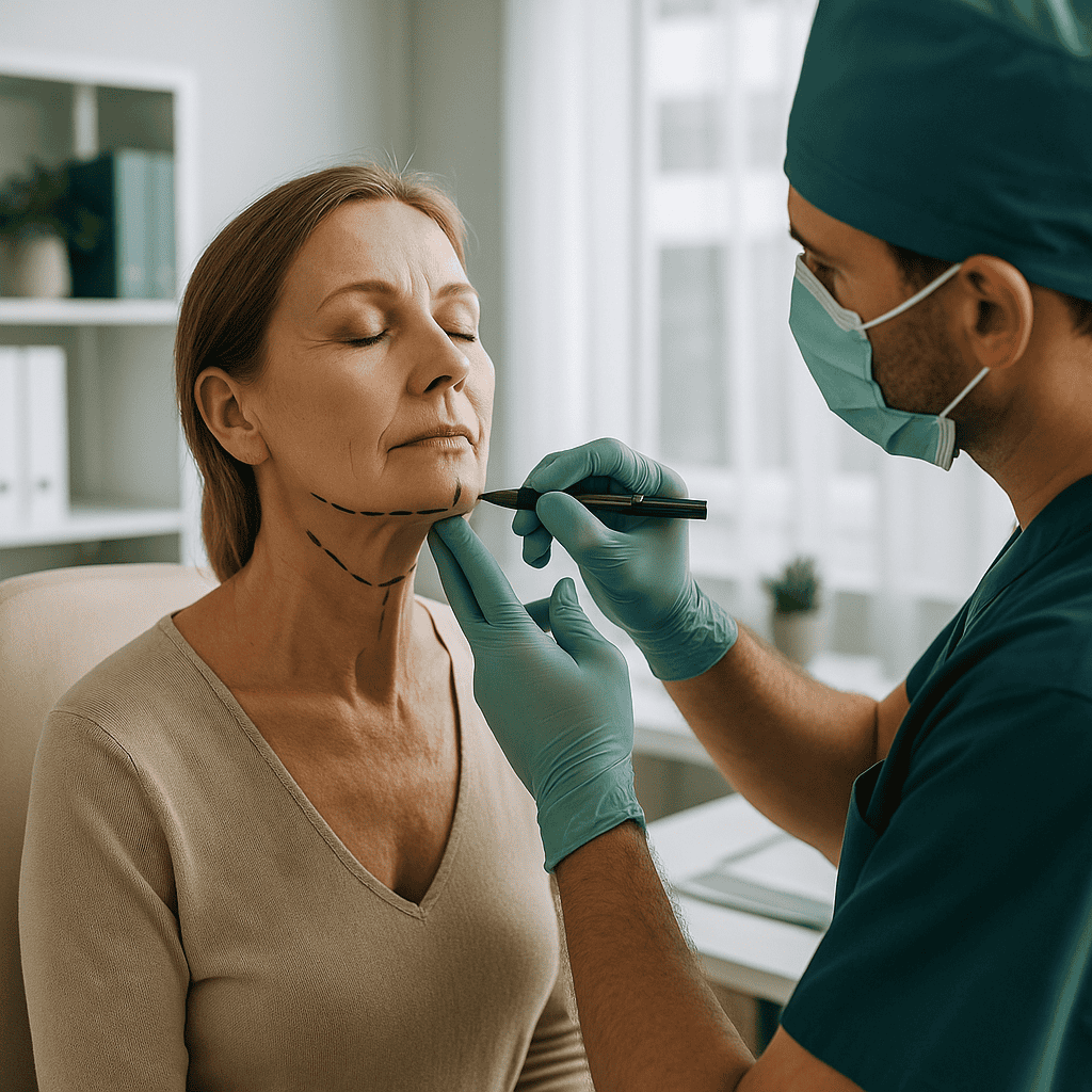 Chirurgo segna i punti di incisione sul collo di una paziente per un mini lifting cervicale.