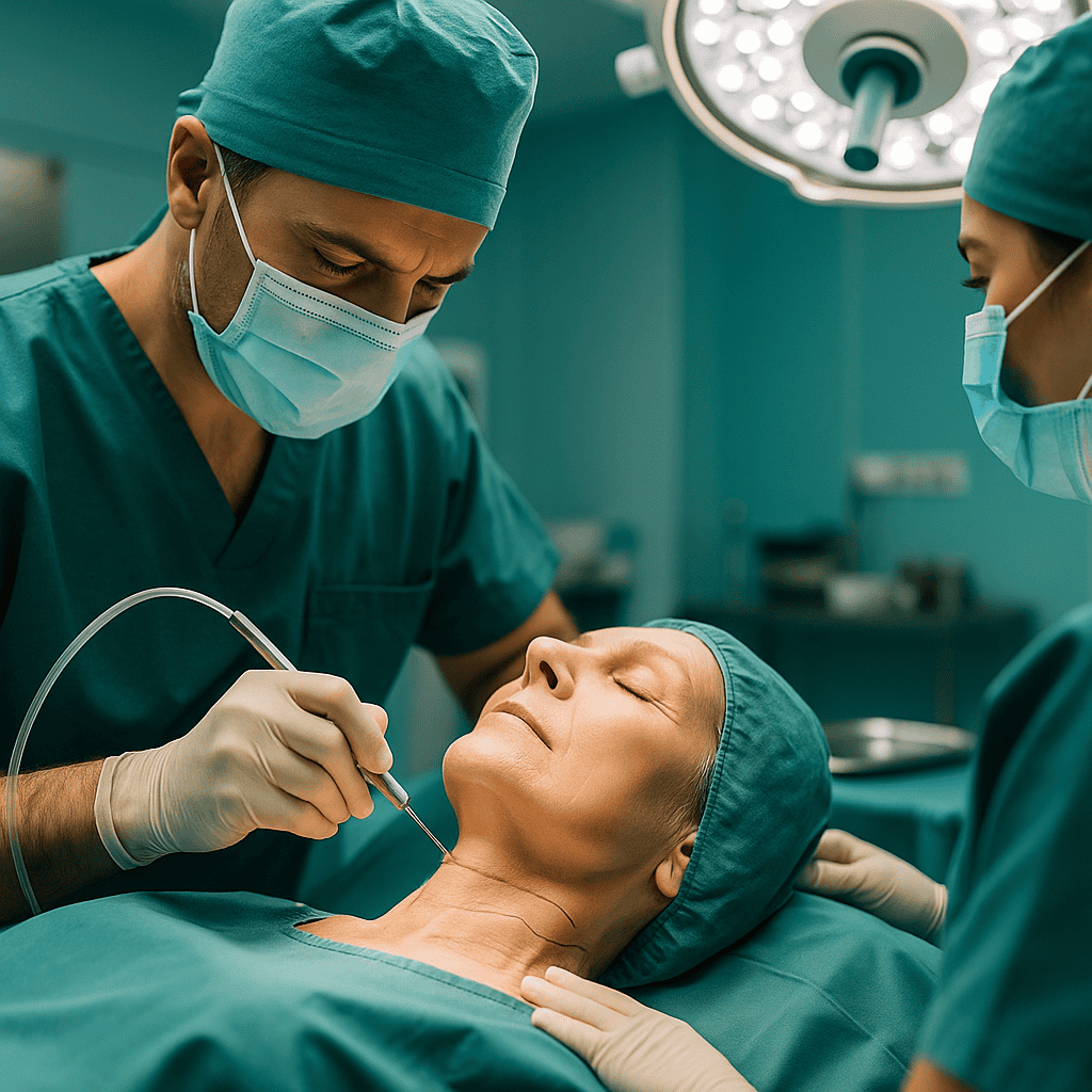 Chirurghi esperti eseguono un intervento di lifting del collo con liposuzione in una clinica in Turchia.
