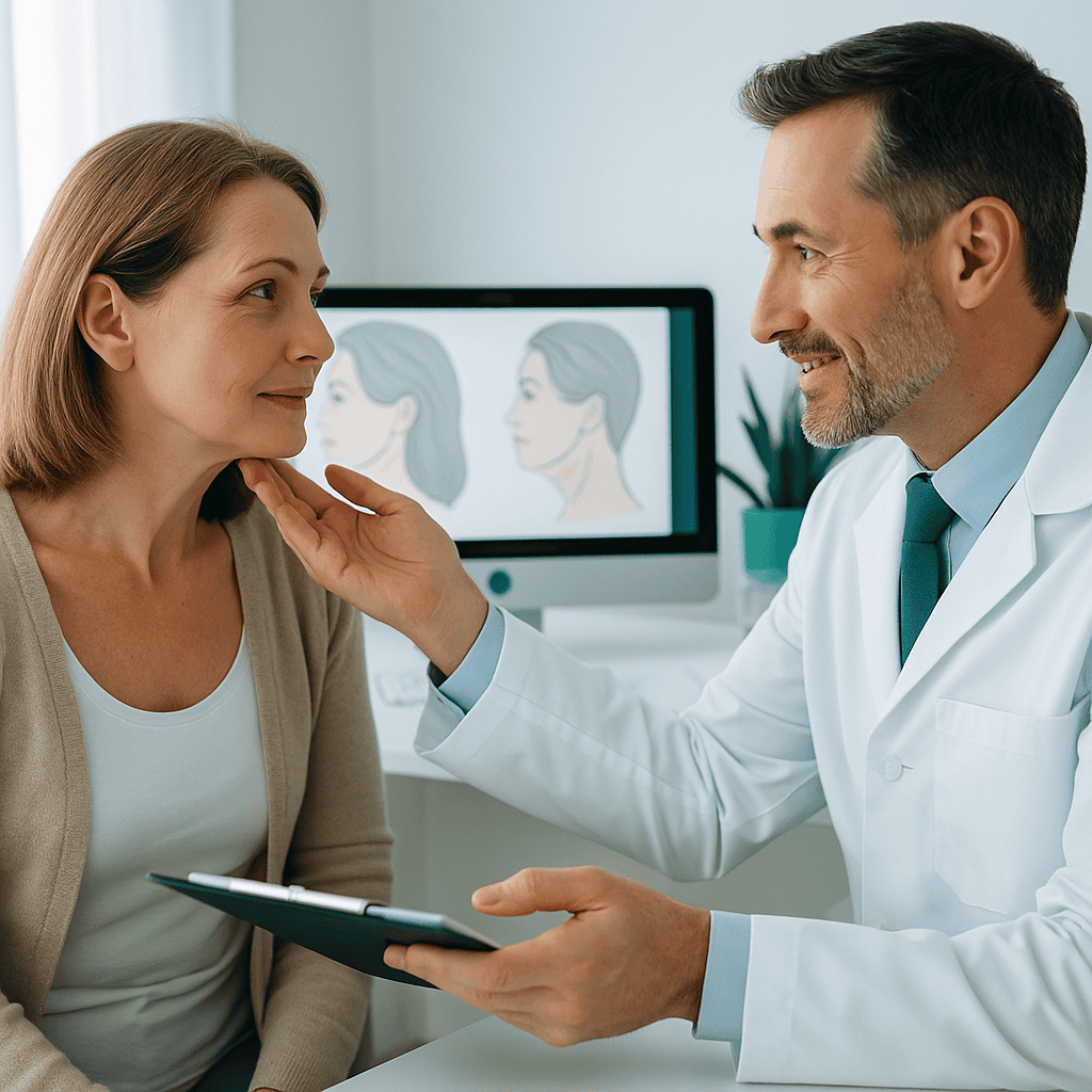Chirurgo mostra i risultati di un lifting cervicale a una paziente durante una consulenza in clinica